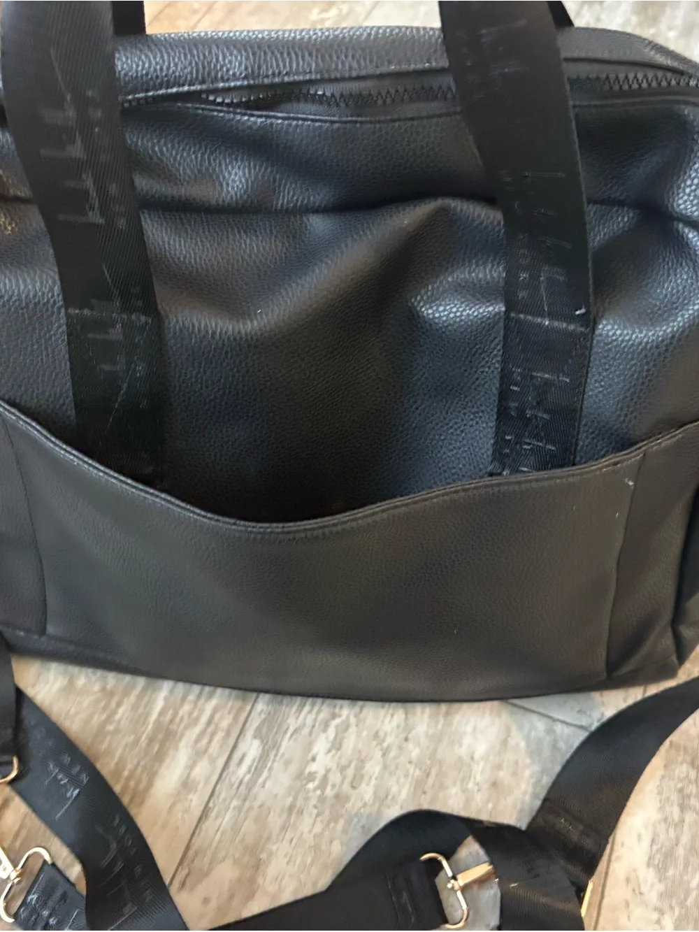 Nicole Miller Black Pebbled Leather Diaper Bag with Zip Detail
